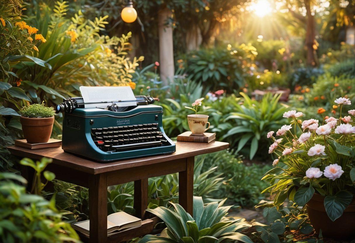 A serene garden filled with diverse plants symbolizing growth and insight, surrounded by a vintage typewriter and open books. The golden light of dawn casts a warm glow over the scene, highlighting soft whispers of nature juxtaposed with hints of cultural artifacts like globes and art. Elements of digital media, like tablets and laptops, blend harmoniously into the landscape, reflecting the intersection of traditional and modern commentary. super-realistic. vibrant colors. tranquil atmosphere.