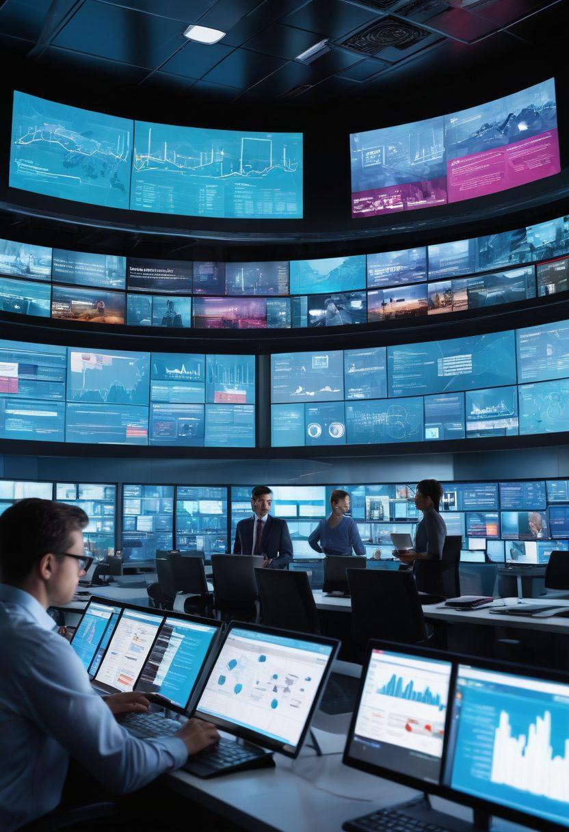 A modern newsroom filled with digital screens displaying news articles, charts, and infographics, symbolizing the fusion of news and insight. A diverse group of journalists engaged in discussions, brainstorming, and analyzing data. The atmosphere is dynamic and collaborative, showcasing a blend of traditional journalism and cutting-edge technology. Elements representing digital tools like tablets and laptops should be highlighted. vibrant colors. super-realistic.