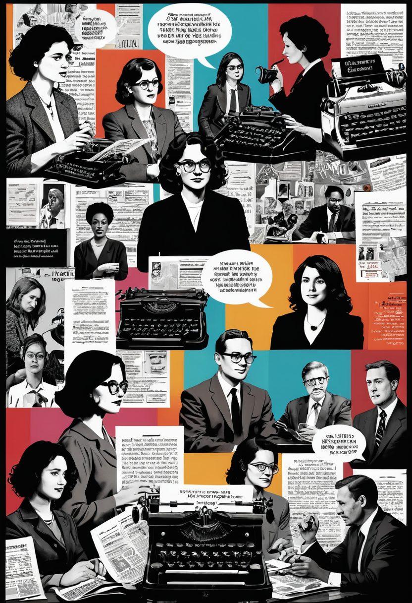 A dynamic collage of diverse individuals engaging in thoughtful discussions, surrounded by iconic elements of journalism such as a vintage typewriter, newspapers, and digital screens. The background features a stylized representation of The Guardian's logo, symbolizing impactful dialogue. Vibrant speech bubbles float around, filled with quotes to signify opinion pieces. The color palette should evoke a sense of enlightenment and curiosity. super-realistic. vibrant colors. 3D.